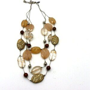 NY Brown Stone Gold Multi-Strand Boho Statement Necklace 90s Y2K Chic